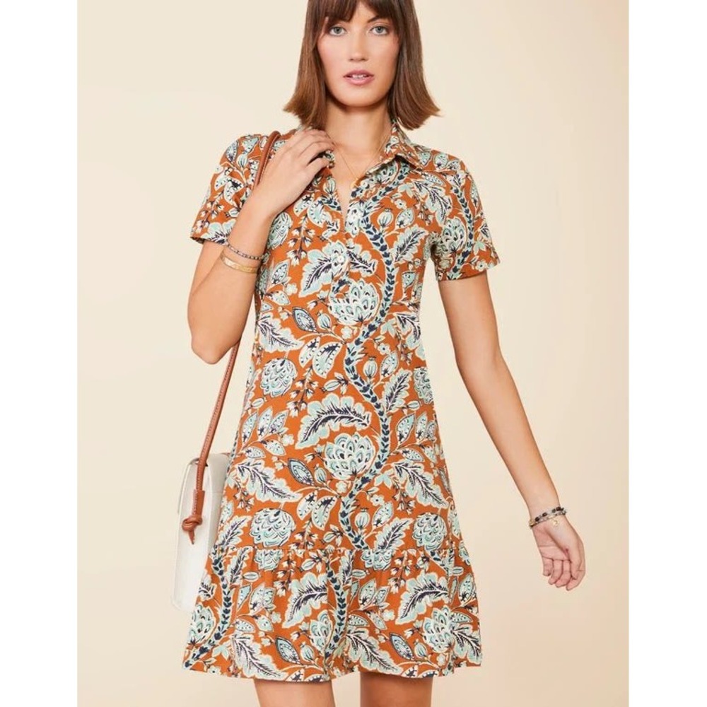 Spartina 449 Joelle Polo Dress Ruffle Hem Paisley Rust Orange Small Coastal